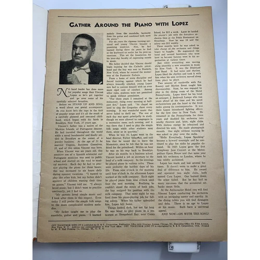 1936 Get Together Sing it!: With Vincent Lopez 400 World Famous Songs Ephemera